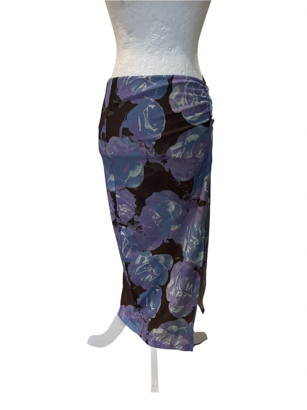 White Fox XS Purple Floral Mesh Wrap Midi Skirt Side Slit Y2K Vacation Beach
